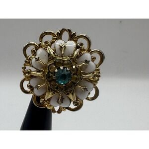 Vintage Coro Gold Tone Floral Brooch Blue Rhinestone Milk Glass Pin